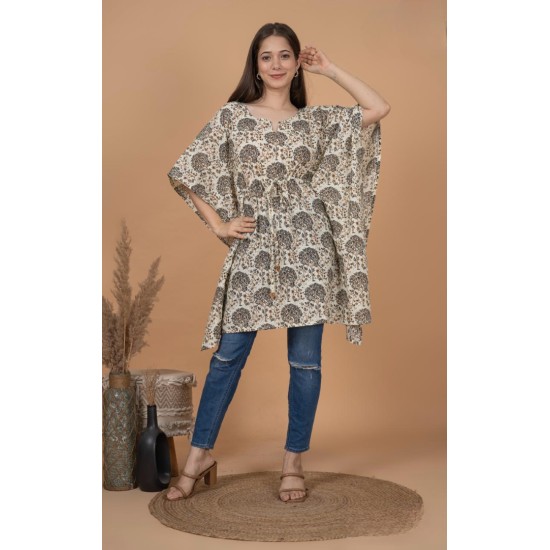 Cream Motif Print Kaftan Tunic