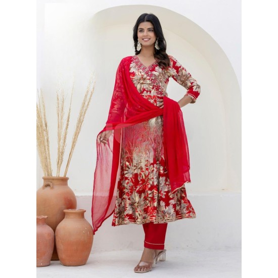 Embroidered Red Reyon Floral Print Suit 