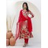 Embroidered Red Reyon Floral Print Suit 