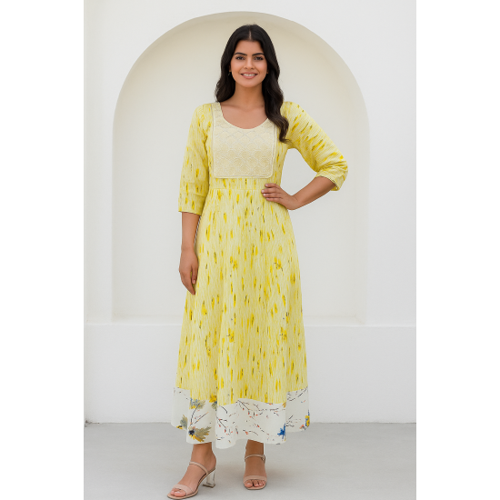 Lemon Yellow Cotton Kurta with Embroidered Yoke and Abstract Print