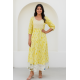 Lemon Yellow Cotton Kurta with Embroidered Yoke and Abstract Print