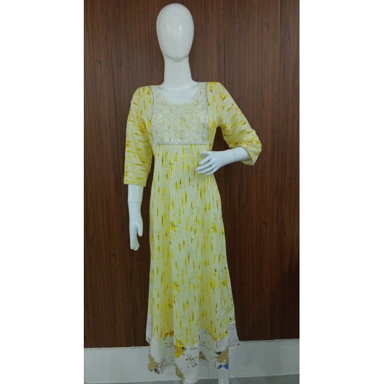 Lemon Yellow Cotton Kurta with Embroidered Yoke and Abstract Print