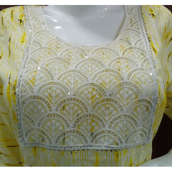Lemon Yellow Cotton Kurta with Embroidered Yoke and Abstract Print