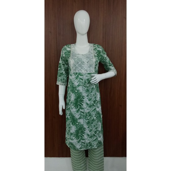 Green & White Printed Cotton Kurta with Pants