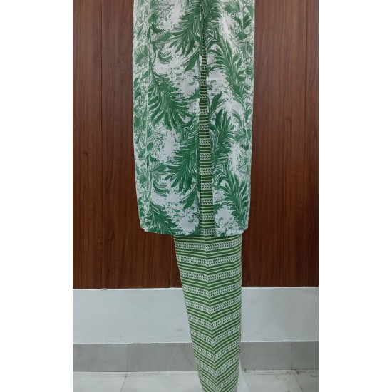 Green & White Printed Cotton Kurta with Pants