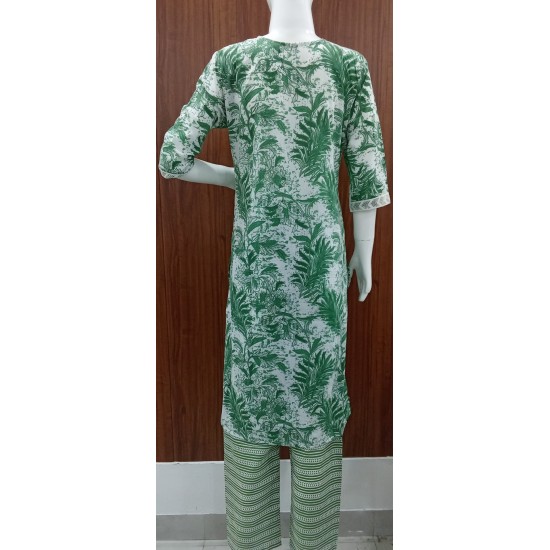 Green & White Printed Cotton Kurta with Pants