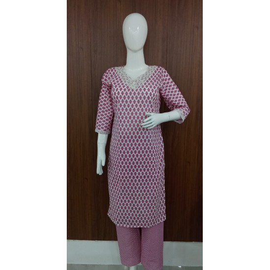 Three-Piece Cotton Motif Print Kurta Set with Pants & Dupatta