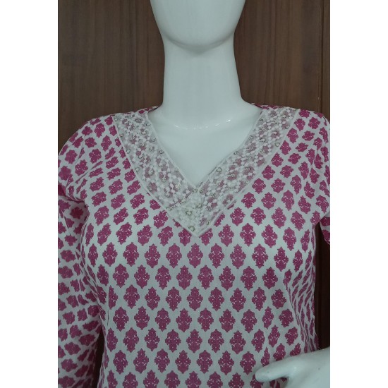 Three-Piece Cotton Motif Print Kurta Set with Pants & Dupatta
