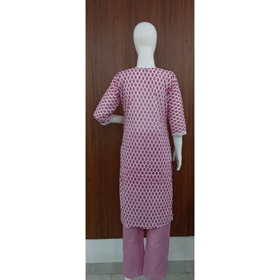 Three-Piece Cotton Motif Print Kurta Set with Pants & Dupatta