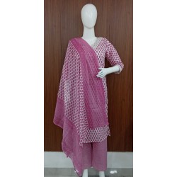 Three-Piece Cotton Motif Print Kurta Set with Pants & Dupatta