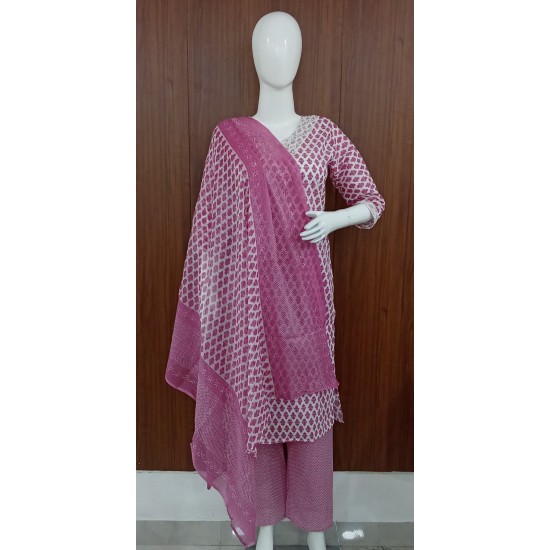 Three-Piece Cotton Motif Print Kurta Set with Pants & Dupatta