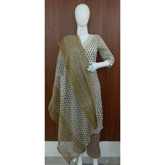 Three-Piece Cotton Motif Print Kurta Set with Pants & Dupatta