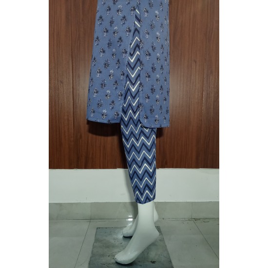 Blue Printed Cotton Suit Set with Mirror Work and Dupatta – 3 Piece Set