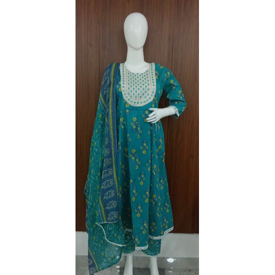 Ghera Style Floral Print Cotton Kurta with Pants & Dupatta