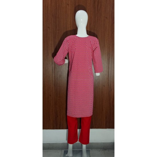 Red & White Printed Cotton Kurta Set with Embroidered Neckline and Dupatta