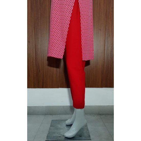 Red & White Printed Cotton Kurta Set with Embroidered Neckline and Dupatta