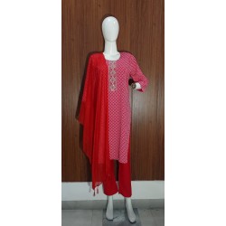 Red & White Printed Cotton Kurta Set with Embroidered Neckline and Dupatta