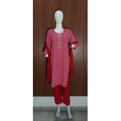 Red & White Printed Cotton Kurta Set with Embroidered Neckline and Dupatta