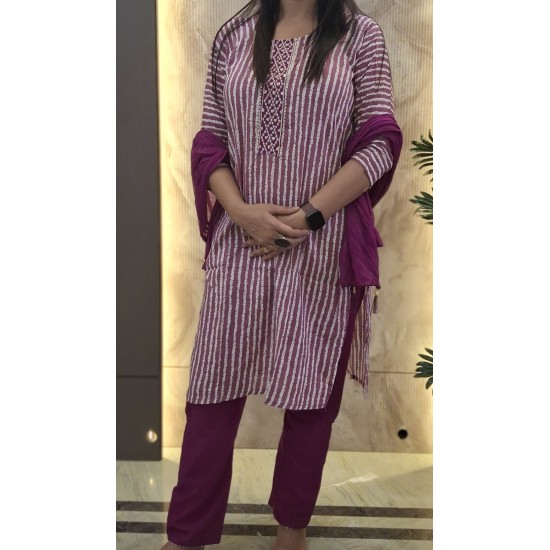 Magenta & White Printed Cotton Kurta Set with Embroidered Yoke and Dupatta