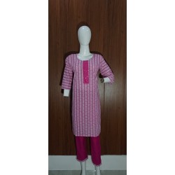 Pink & White Printed Cotton Kurta Set with Mirror Work Yoke and Dupatta