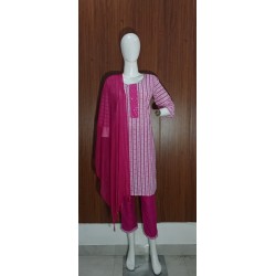 Pink & White Printed Cotton Kurta Set with Mirror Work Yoke and Dupatta