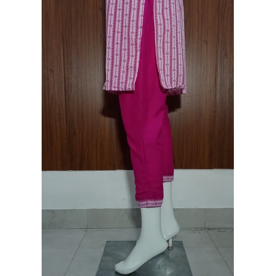 Pink & White Printed Cotton Kurta Set with Mirror Work Yoke and Dupatta