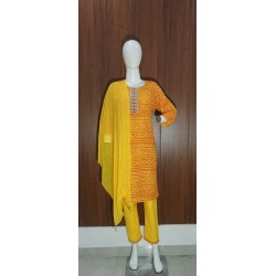 Bright Yellow Bandhani-Inspired Kurta Set with Lace Detail and Dupatta
