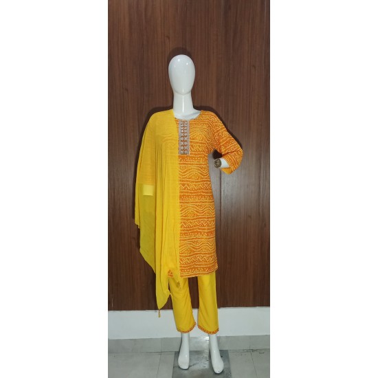 Bright Yellow Bandhani-Inspired Kurta Set with Lace Detail and Dupatta