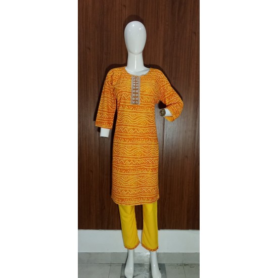 Bright Yellow Bandhani-Inspired Kurta Set with Lace Detail and Dupatta