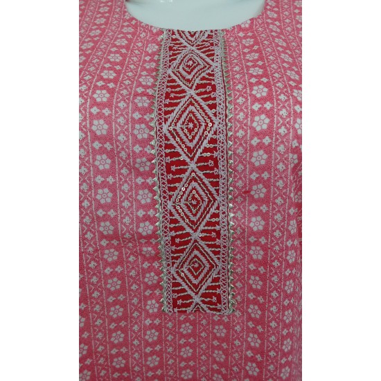 Floral Print Cotton Kurta with Embroidered Yoke and Dupatta