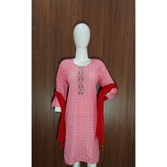Floral Print Cotton Kurta with Embroidered Yoke and Dupatta
