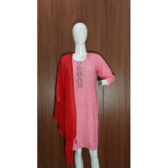 Floral Print Cotton Kurta with Embroidered Yoke and Dupatta