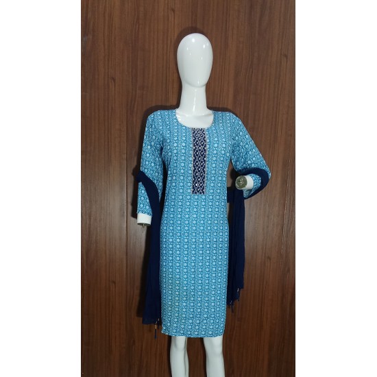 Floral Print Cotton Kurta with Embroidered Yoke and Dupatta