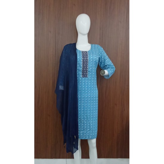 Floral Print Cotton Kurta with Embroidered Yoke and Dupatta
