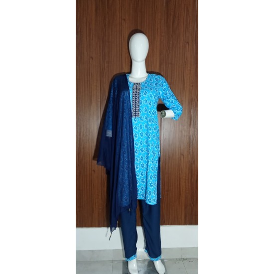 Sky Blue Floral Print Kurta with Pants & Dupatta