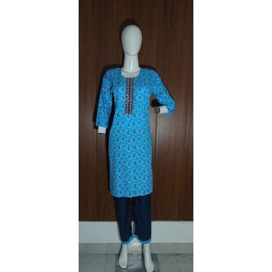 Sky Blue Floral Print Kurta with Pants & Dupatta