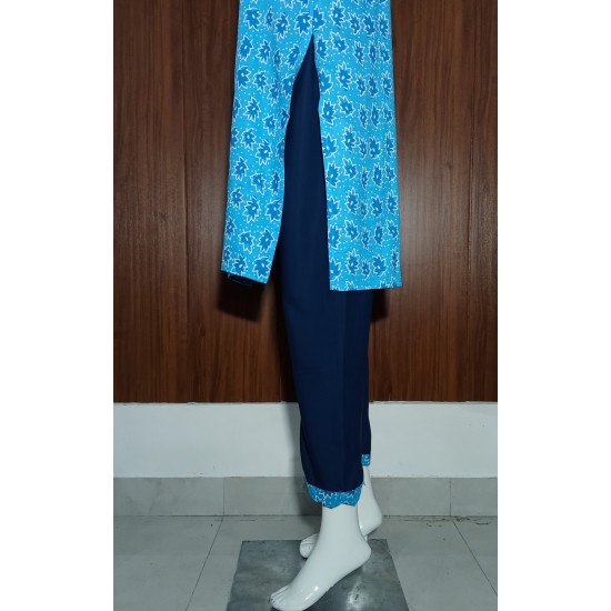 Sky Blue Floral Print Kurta with Pants & Dupatta