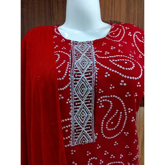 Bandhani Printed Suit Set with Pants & Dupatta