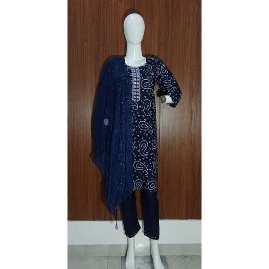 Bandhani Printed Suit Set with Pants & Dupatta