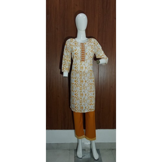 Mustard Yellow Printed Cotton Suit Set with Dupatta