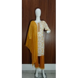 Mustard Yellow Printed Cotton Suit Set with Dupatta
