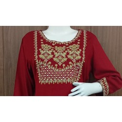 Maroon Embroidered Straight Kurti With Pocket