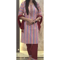 Multicolor Striped Cotton Kurta Set with Maroon Accents – 3 Piece Suit