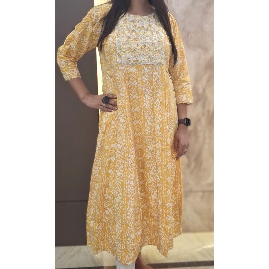 Mustard Yellow Printed Kurta with Embroidered Yoke