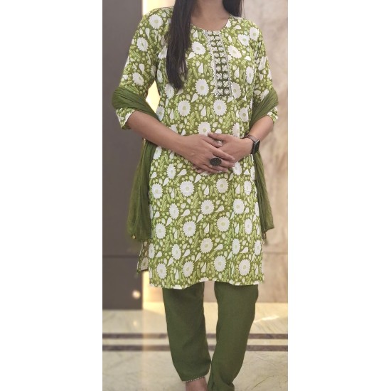 Olive Green Floral Print Cotton Kurta Set – 3 Piece Ethnic Suit