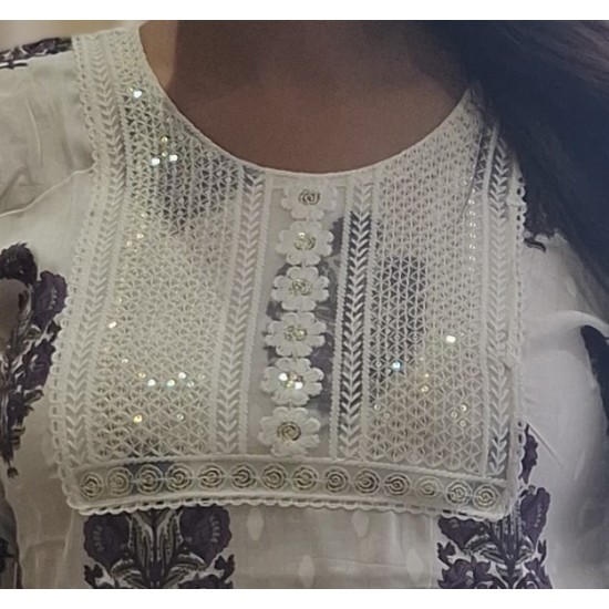 Women's White Cotton Kurti with Purple Floral Print and Embroidered Yoke