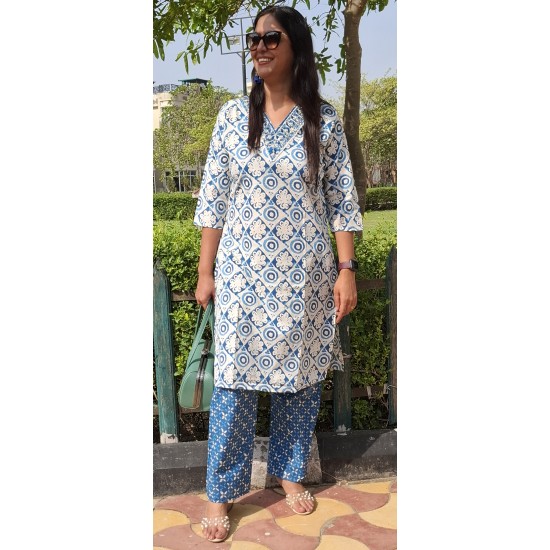 Cotton Motif Print Deep Blue Suit